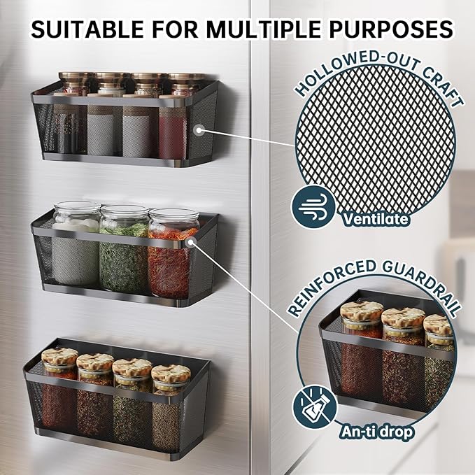 3 Pack White Metal Magnetic Spice Rack for Refrigerator, Heavy Duty Magnet Shelf for Fridge, Drill Free Mesh Organizer Basket for Kitchen, Pantry, Laundry Room, Garage