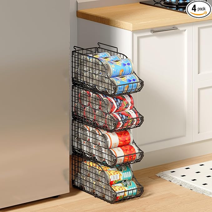 Sonyabecca 4-Pack Stackable Canned Food Organizer with Handles, Soda Can Organizer for Kitchen Pantry Shelves, Foldable Wire Cabinet Shelf for Can Storage, Patent Pending, Black