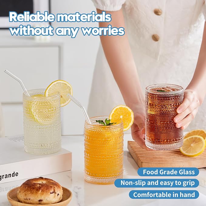 HomeVogue Hobnail Drinking Glasses Set of 12, 12oz & 15oz Vintage Glassware Set Cocktail Glass Set, Embossed Clear Water Tumbler,for Beer, Whiskey,Juice and Various Mixed Drinks (12 Pack-Clear)