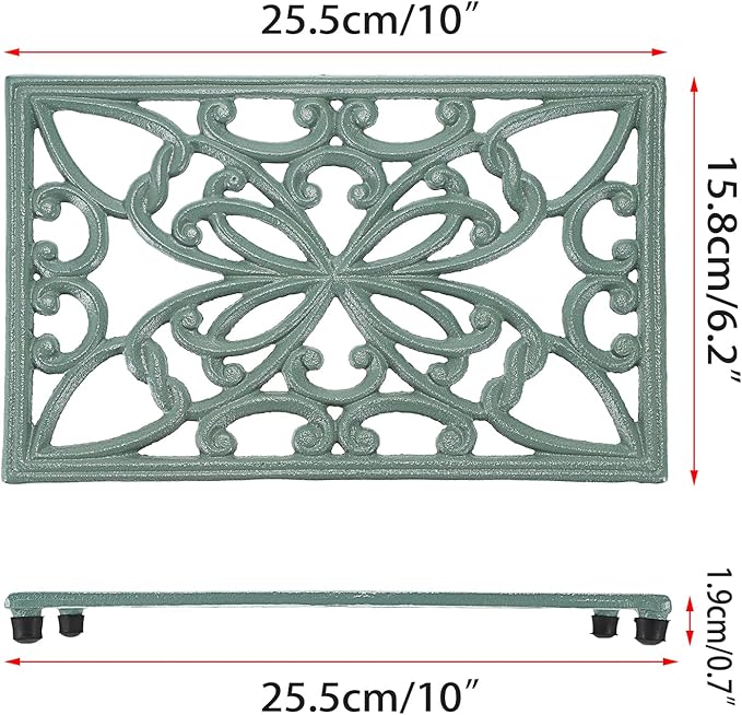 Sumnacon Cast Iron Trivet 2 Pack Rectangle Iron Trivets for Hot Dishes Pots Pans Plates Teapots,10x 6 Inch Metal Trivets for Kitchen Dining Table Cooktop Heat Resistant Trivet with Rubber Feet,Green