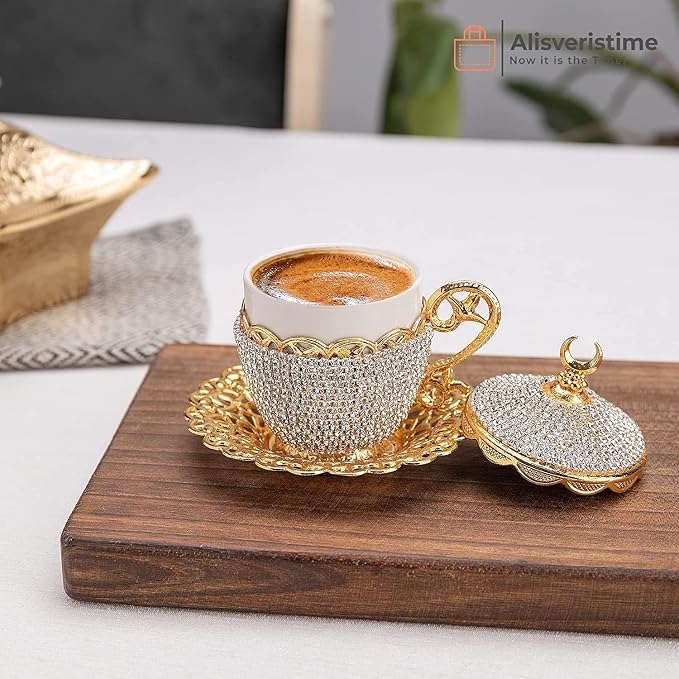 Alisveristime Turkish Coffee Cup Set - Authentic Turkish Greek Arabic Coffee Espresso Cup with Saucer (Enhance Your Coffee Experience Now!) (1 Pc) (Crystal Gelincik Design) (Gold)