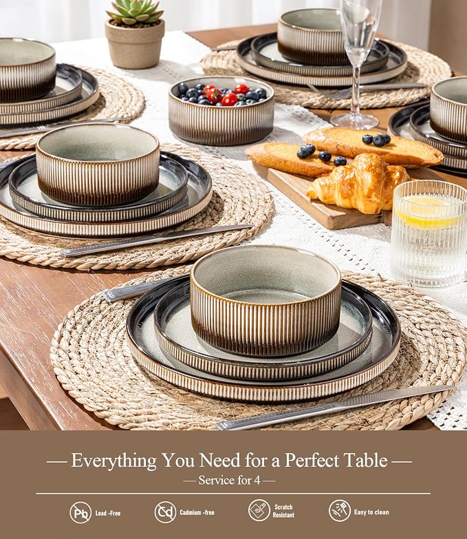 GBHOME 12-Piece Stoneware Dinnerware Set for 4 – Ribbed Ceramic Plates and Bowls, Scratch-Resistant, Microwave & Dishwasher Safe, Reactive Glaze, Sage Dersert Gradient