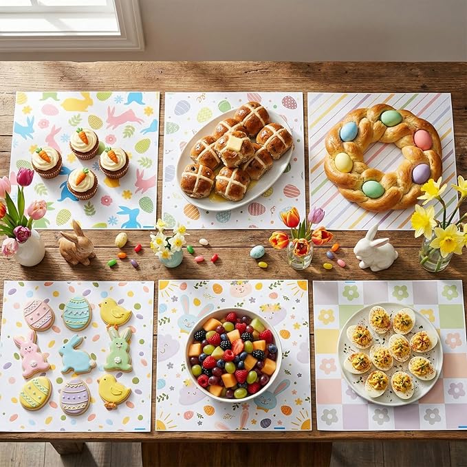 Reallnaive 300 Pcs Easter Wax Paper Sheets 12 x 12 Inch Egg Bunny Flower Parchment Deli Tissue Paper Sandwich Wrapping Sheets Food Basket Liners for Kitchen Restaurant Baking Supplies, 6 Styles