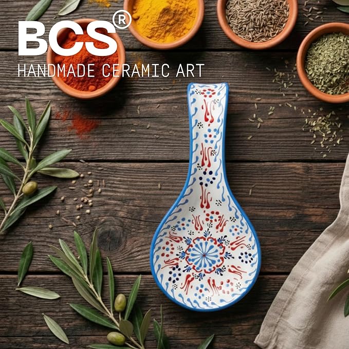 BCS Ceramic Spoon Rest, Large 9” Hand Painted Spoon Holder for Stove Top & Kitchen Counter, Dishwasher Safe & Heat Resistant Utensil Holder, Floral Kitchen Decor, Handmade Pottery