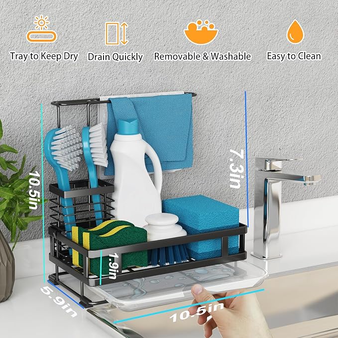 Godboat Sponge Holder for Kitchen Sink, Dish Drying Rack with Auto-Drain, Dish Racks for Kitchen Counter, Glass Rack for 4 Cups, 360° Swivel Spout, Kitchen Sink Organizer with Brush Holder