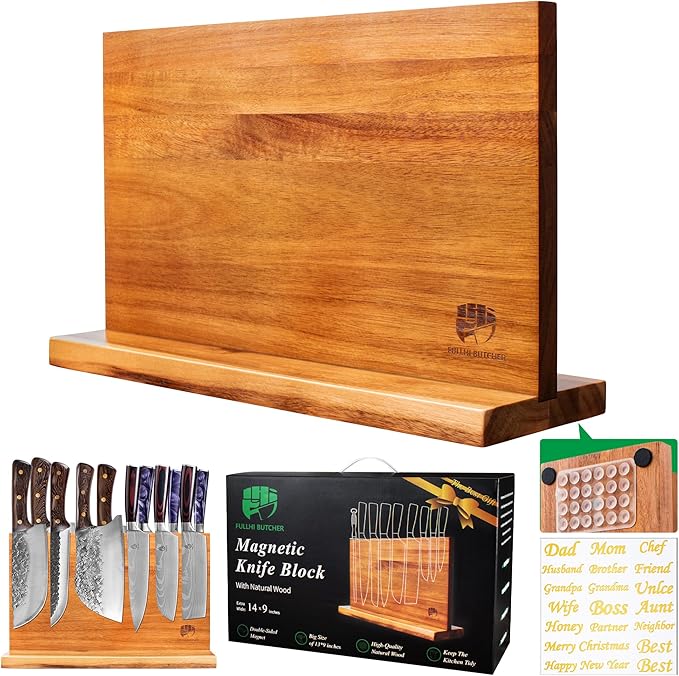 FULLHI Kitchen Magnetic Knife Block Holder, Knife Magnetic Strip with Enhanced Magnets natural wood Multifunctional Storage Holder for Kitchen Utensil, Knife Set, Scissors,Spice Ja