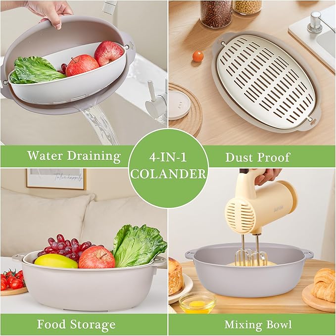VECELO 2 In 1 Colander Strainer with Bowl Set, Fruit Vegetable Washing Colanders & Food Strainers, Heat-Resisted, Double Layer Colander for Kitchen for Pasta, Berry, Salads, Grey