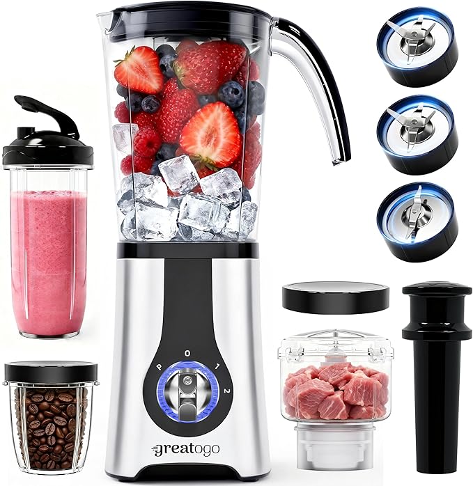 Blender and Food Processor Combo, Small Smoothie Blender with Grinder & Meat Chopper, 4-in-1 Kitchen System with 4 BPA-Free Cups (10-42oz), Perfect for Shakes, Baby Food, Dishwasher Safe, Ideal Gift