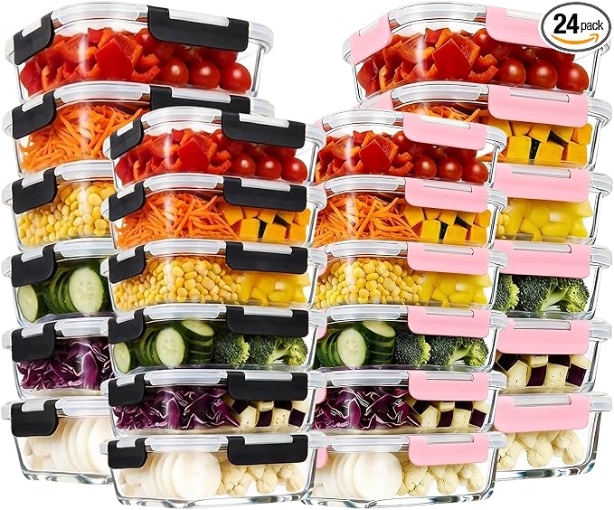 Konokyo 24 Pack Rectangular Glass Food Storage Containers with Lids, 12 Pink + 12 Black, Airtight Leakproof Meal Prep Containers, BPA-Free, Microwave Oven Freezer & Dishwasher Safe