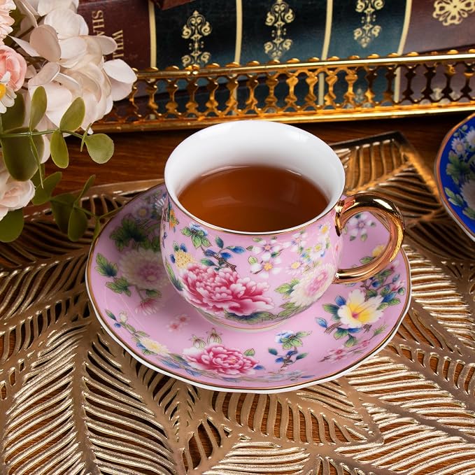 KAMMAK Tea Cups and Saucers Set of 2, Porcelain Coffee Cups, 8oz Stackable Espresso Mugs, Ceramic Demitasse for Coffee, Latte, Americano, Tea (939N+943N)