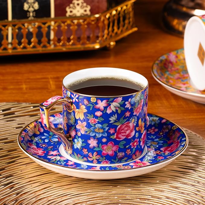 KAMMAK Tea Cups and Saucers Set of 2, Porcelain Coffee Cups, 6oz Stackable Espresso Mugs, Ceramic Demitasse for Coffee, Latte, Americano, Tea (649N+650N)