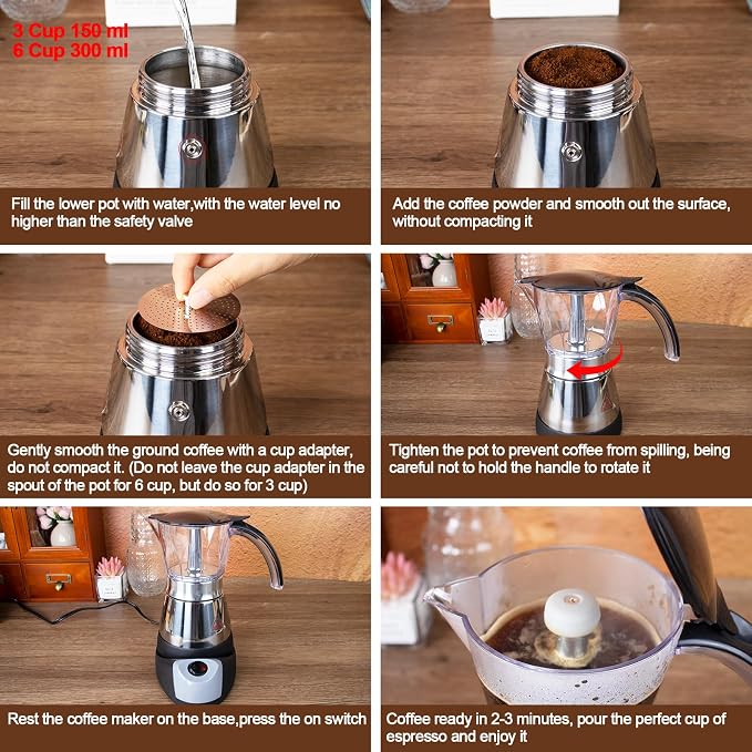 Electric Moka Pot 3-6 Cup 150-300ml Plastic Transparent Stovetop Espresso Maker Portable Stainless Steel Mocha Pot Percolator Italian Coffee Makers Greca Machine Cafe Classic for Home Camping