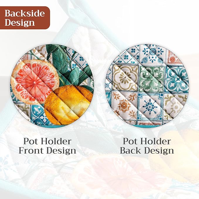 Maison d' Hermine Pot Holders 100% Cotton Heat Resistant Potholders 8" x 8" Hot Pads with Loop BBQ Cooking Baking Gifts for Mothers Day Handling Hot Pans Spring/Summer (Pack of 1, Agrume)