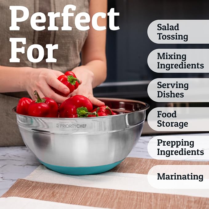 Priority Chef Stainless Steel Mixing Bowls with Lids Set - Premium 30Pcs with 6pc Metal Bowl Set for Kitchen, 3 Graters, Airtight Lids, Non-Slip Bases & Silicone Utensils, Turquoise