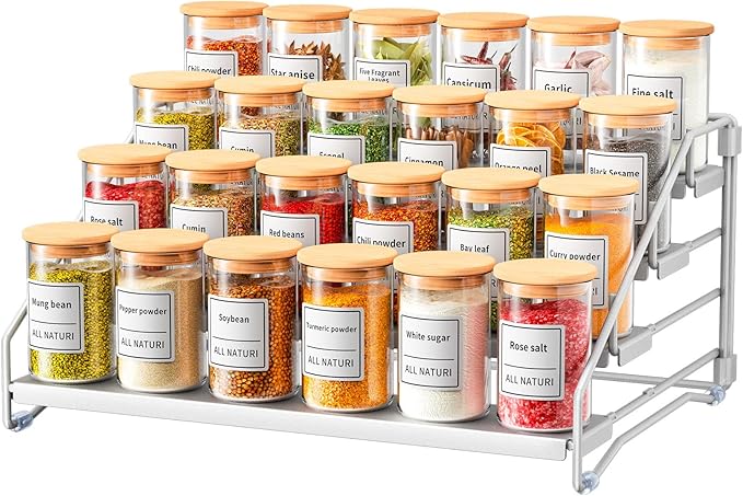 RCHYFEED 4 Tier Spice Rack Organizer, Spice Organization for Cabinet,Pantry, Countertop,Tiered Spice Rack Easy Visibility,Depth Expandable Seasoning Shelf for Kitchen Cabinet Organizer,Silver