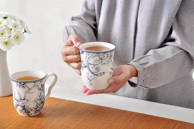 222 Fifth Adelaide Large Coffee Mugs Set of 4, 14.5 oz Porcelain Coffee Cups with Handle, Ceramic Tea Cup for Cappuccino, Latte, Cocoa, Microwave & Dishwasher Safe Decorative Gift Sets, Blue and White