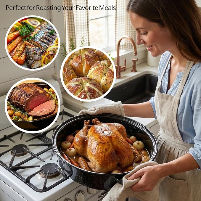 19” Turkey Roasting Pan Enamel Oval Granite Large Roaster Pan with Lid with 17in Inner Diameter Large Capacity Suitable for Thanksgiving Enamel Cook Ware Dishwasher Compatibility Oven Christmas Gift