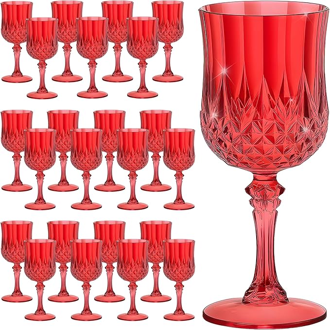 7OZ Plastic Wine Glasses, Reusable Vintage Goblets Unbreakable Drinking Glasses Crystal Water Cups Champagne for Wedding, Parties (24, Red)