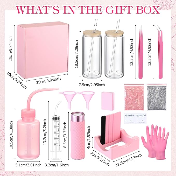 Baderke 20 Pcs Snow Globe Tumbler DIY Kit 16 oz Tumbler Squeeze Bottle, Glitter, Funnel Tweezer Silicone Cup Cradle Measuring Cup Glove Flashlight Buffer for Beginner(Pink,Classic)