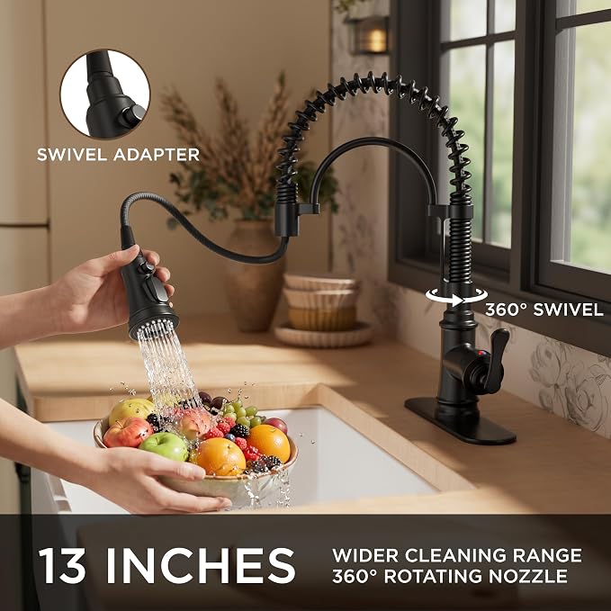 FORIOUS Black Kitchen Faucet with Pull Down Sprayer, Stainless Steel Single Handle Spring Antique Kitchen Sink Faucet with Deck Plate for 1 or 3 Holes, Sutiable for Farmhouse, RV, Camper, Wet Bar
