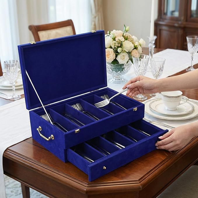 Pickmesh Silverware Case with Lid and Handle, Silverware Storage Box Sterling Silver Flatware Chest Without Silver Tarnish Proof Utensils Organizer for Kitchen Decor Wedding Gifts (Royal Blue,2 Layer)