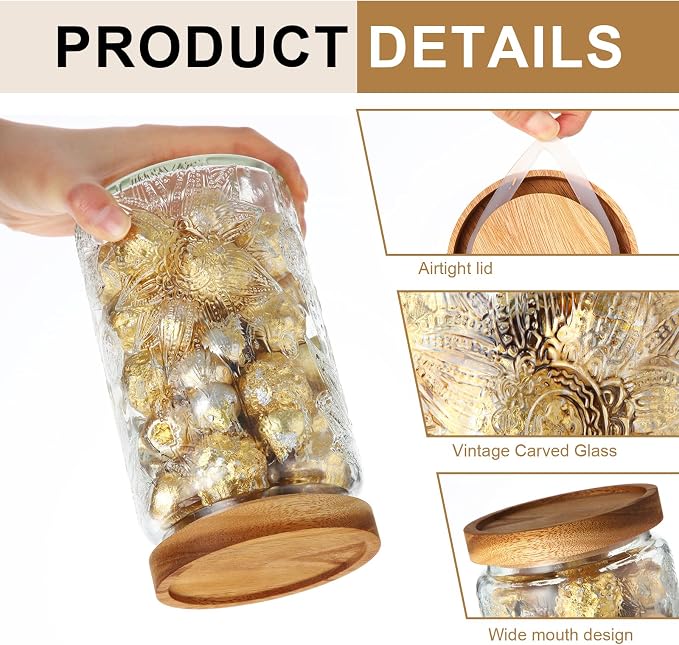 FillTouch 6 Pcs Vintage Glass Jar with Wooden Lid 17/24/34 oz Glass Airtight Food Storage Container with Lid Jar Begonia Sunflower Pattern for Kitchen Sugar Coffee Tea Beans Candy Cookie