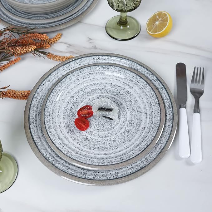 Melamine Dinnerware Sets 12 PCS - Service for 4 Plates & Bowls Sets Dishwasher Top-Shelf Safe, BPA Free Dinner Dishes Set for Everyday Use-Granite Pattern Gray