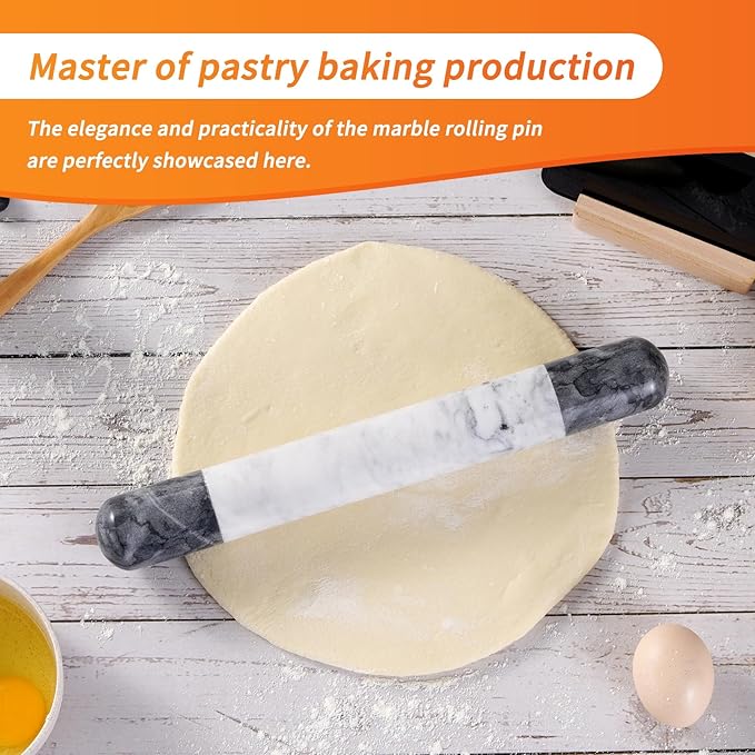 Tianman French Marble Rolling Pin.12 Inchs Marble Rolling Pin for Baking With Wooden Base Holder Stand-Non-Stick Baking Roller for Baking Fondant, Pizza,Cookies,Crust,Pasta(Black-White-Blakc)