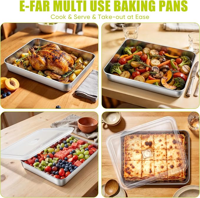 E-far Lasagna Pans with Lids, Stainless Steel Rectangular Cake Baking Pan w/Cover, 12⅓x9¾x2" Brownie Casserole Oven Tray Sheet, Heavy Duty Metal Bakeware, Anti-Rust & Dishwasher Safe, Set of 2