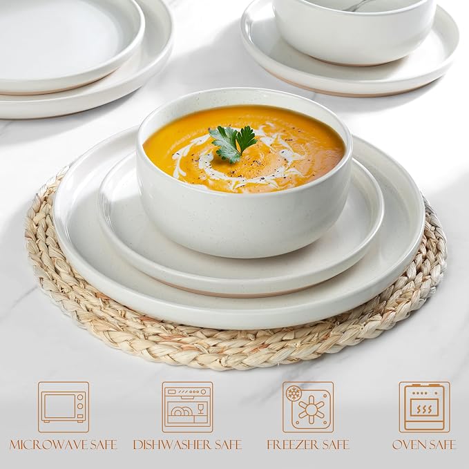 LIANYU 18-Piece Dinnerware Sets for 6, Stoneware Dinner Plates and Bowls, Kitchen Dining Dishes Set, Dishwasher & Oven Safe, Snowy White