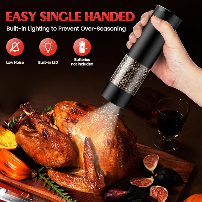 Electric Salt and Pepper Grinder Set Automatic Battery Pepper Mill Shakers Adjustable Coarseness Easy Filling Upgraded Larger Capacity with Led (1 Pack Black）