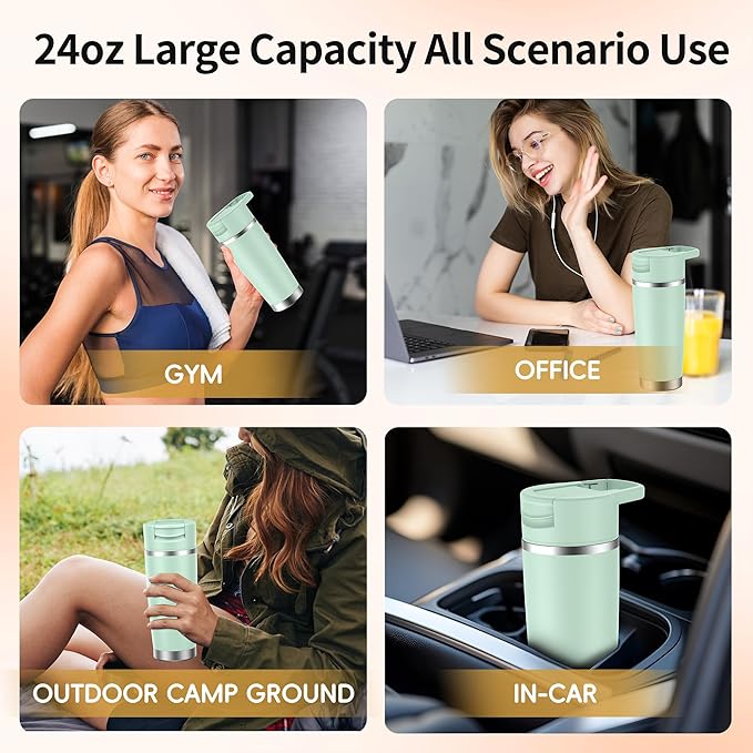 Portable Blender for Smoothies&Shakes 24oz Insulated Cup Cordless, Personal Small Licuadora Portatil With Stainless Steel Bottle, USB-C Rechargeable Travel Blender, BPA Free (Green)
