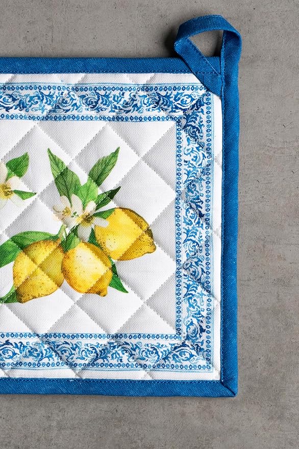 Maison d' Hermine Pot Holders 100% Cotton Heat Resistant Potholders 8" x 8" Hot Pads with Loop BBQ Cooking Baking Gifts for Mothers Day Handling Hot Pans Spring/Summer (Pack of 2, Cedrat)