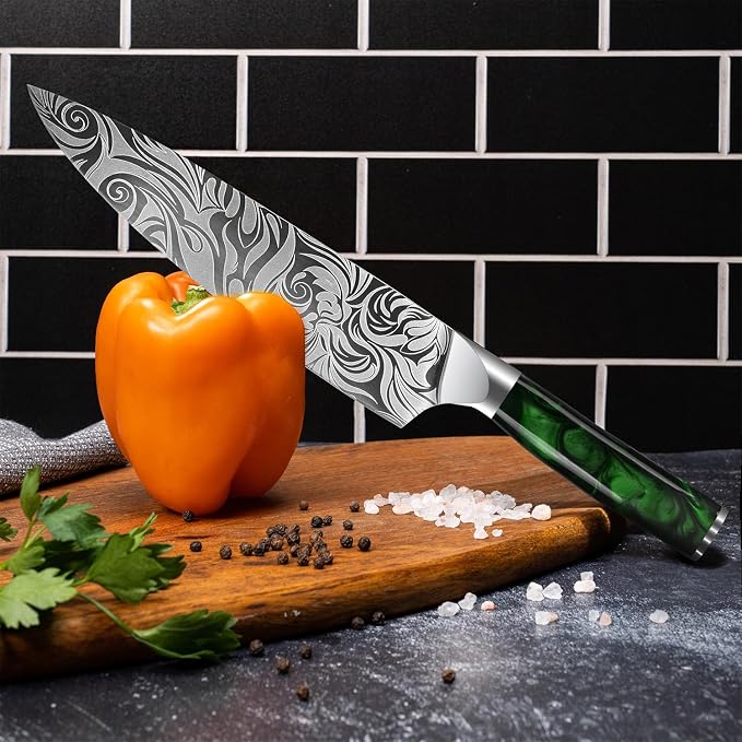 SENKEN 8-piece Engraved Japanese Kitchen Knife Set & Beautiful Green Resin Epoxy Handles - Wasabi Collection - Chef's Knife, Santoku, Cleaver, Paring, & More