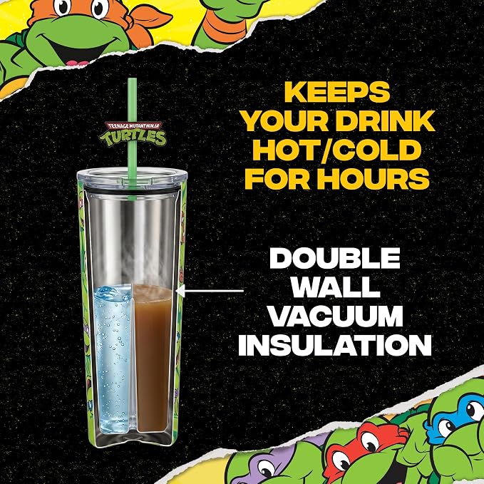 Dragon Glassware x Teenage Mutant Ninja Turtles Insulated Tumbler, 24 oz | Vacuum Insulated Stainless Steel Tumbler with Straw & Lid; Double Walled TMNT Tumbler with Straw Topper; Ninja Turtle Cup