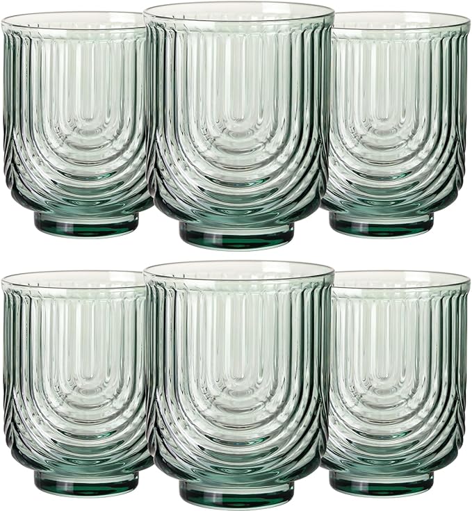 JOVGANK Green Vintage Glassware Set of 6-14Oz Green Water Drinking Glass, Art Deco Ripple Highball Glass, Whiskey Cocktail Glasses, for Bar Ice Coffee Juice, Housewarming Gifts Gift