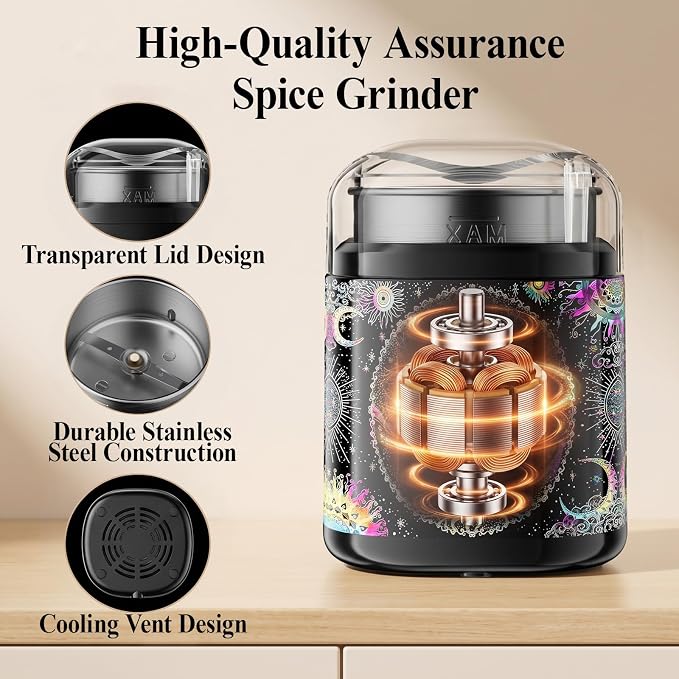 Spice Grinder, One-Touch Fast Grinder with Stainless Steel Blades, Cute Grinder with Unique Pattern Design, Electric Grinder for Spices, 5.1" (Black)