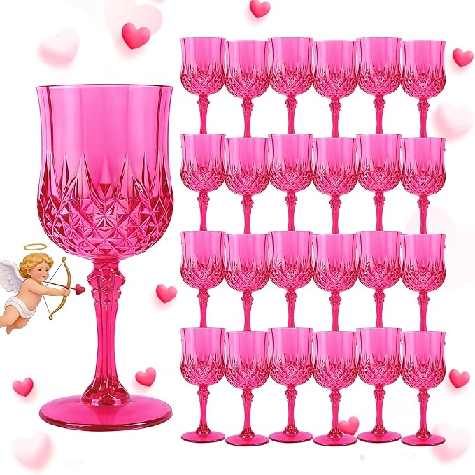 Plastic Wine Glasses, Plastic Goblets Vintage Style Cordial Unbreakable Drinking Glasses, Reusable Drinkware for Wedding Reception, Grand Event Party Supplies (24, Hot Pink)