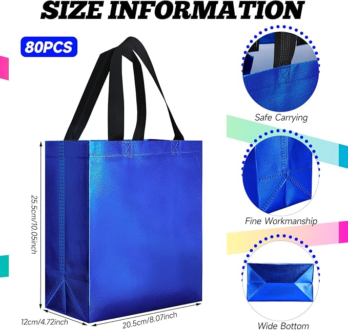 Eccliy Reusable Gift Bags Set Glossy Grocery Gift Tote Bag with Handle for Wedding, Bridal Shower, 4th of July, Summer Event(10 x 8 x 4.7 Inch,Colorful,80 Pcs)