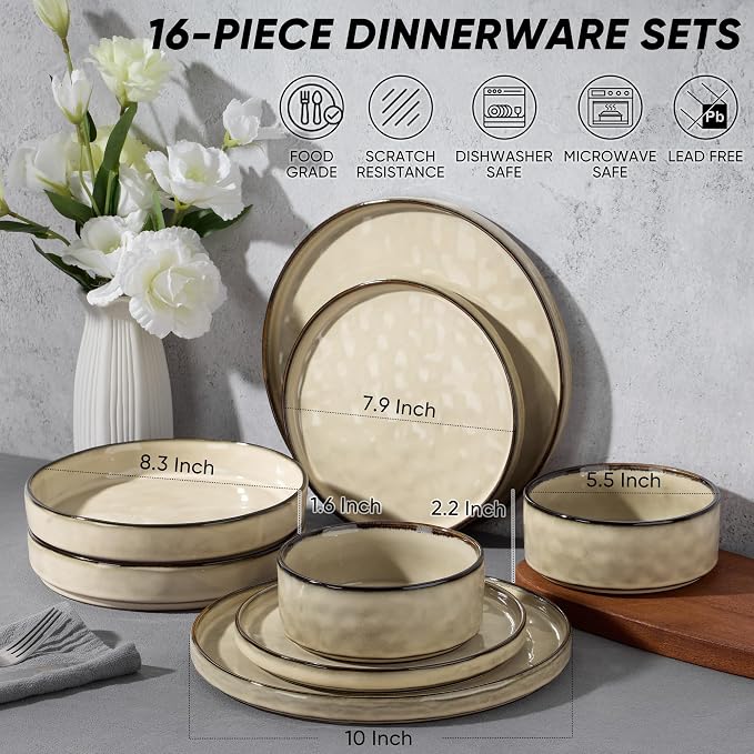 E-far 16-Piece Plates and Bowls Sets with Pasta Bowls - Stoneware Dinnerware Set for 4, Modern Ribbed Dishes, Microwave & Dishwasher Safe, Sandy Khaki