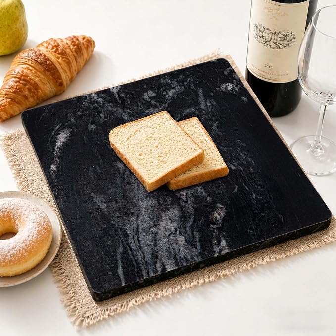 Marble Cutting Board For Kitchen, 16x16 Inch Pastry Board, Black Marble Slab With Non-Slip Feets For Cheese, Candy, Baking, Chocolate, Pack Of 1 Piece