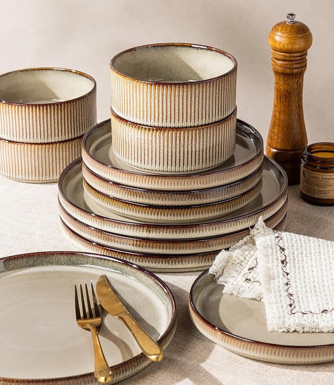 GBHOME Stoneware Dinnerware Sets for 4,12 Pieces Lightweight Ceramic Ribbed Plates and Bowls Set,Reactive Glaze Stackable Plate Sets,Scratch Resistant Dishes,Microwave &Dishwasher Safe, Smokey Taupe