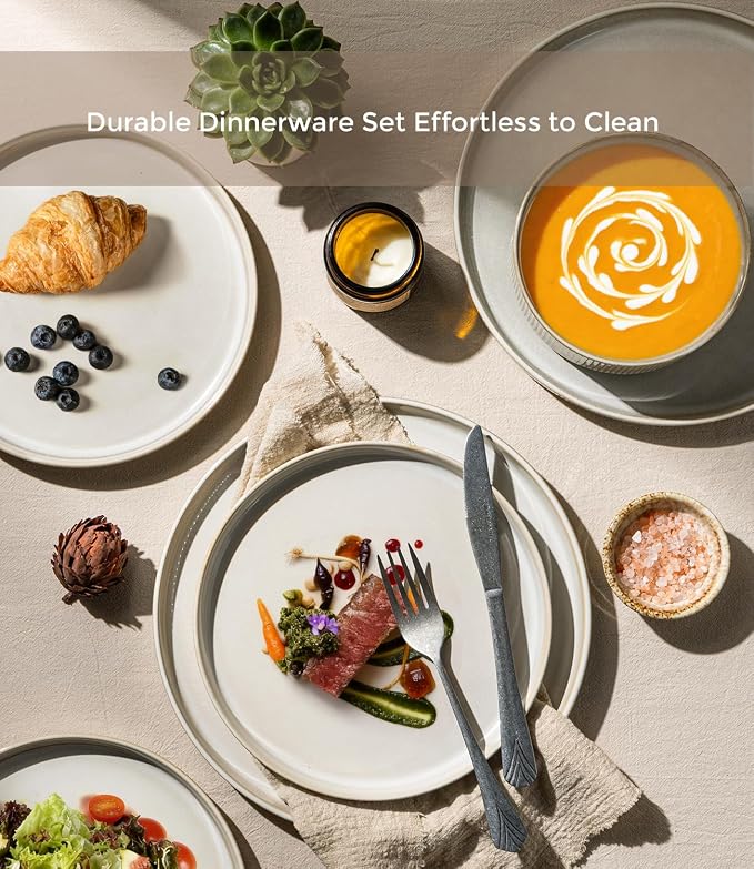 GBHOME 18-Piece Stoneware Dinnerware Set for 6 – Ribbed Ceramic Plates and Bowls, Scratch-Resistant, Microwave & Dishwasher Safe, Reactive Glaze, Oatmeal Veil