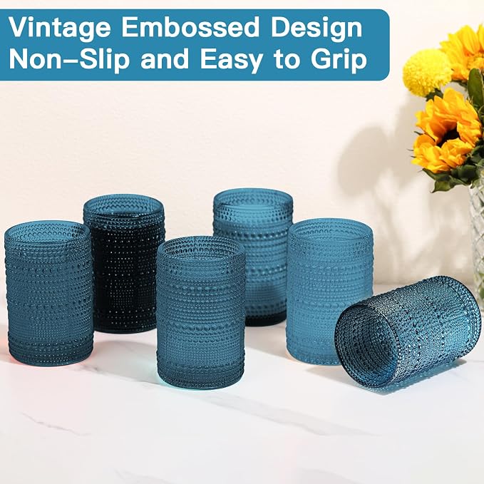 JOVGANK Blue Vintage Hobnail Drinking Glasses Set of 6, Water Tumbler 15oz, Kitchen & Bar Beaded Highball Glasses, Beverage Glass Cups for Water, Beer, Juice, Gift for Housewarming and Mother's Day