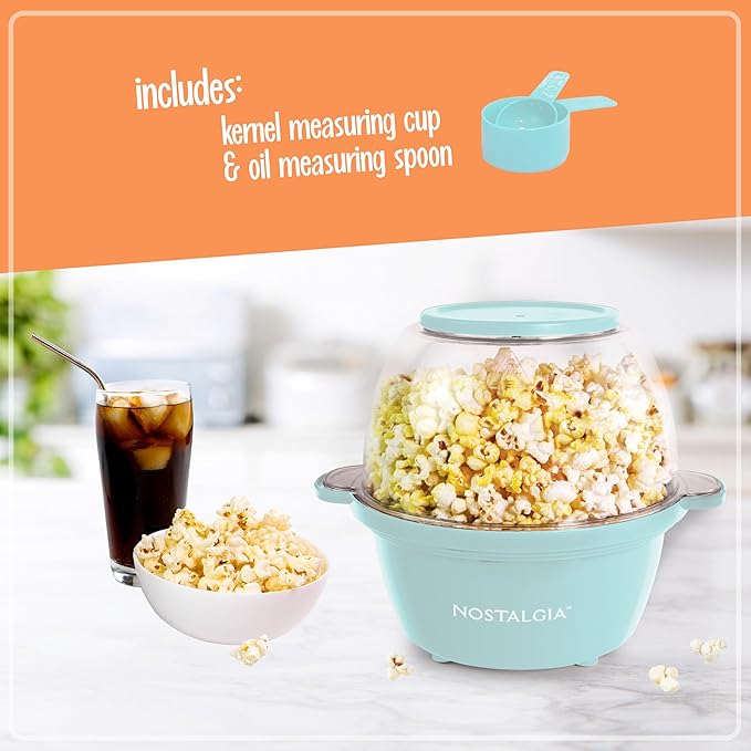 Nostalgia Electric Stirring Popcorn Maker – 2 Qt Capacity – Large Dual-Purpose Lid & Serving Bowl – Great for Gifts, Movie Nights, & Snacks – Aqua
