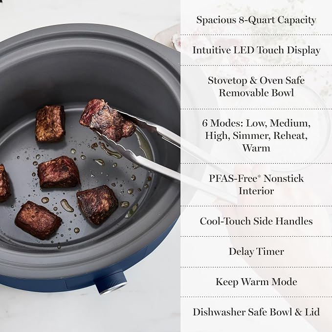 Martha Stewart 8 QT Slow Cooker, Programmable with Timer, 3 Heat Settings (Low, High, Warm), Nonstick Ceramic Removable Crock, Stovetop & Oven Safe, Glass Lid, Simmer, Reheat, Warm, Indigo