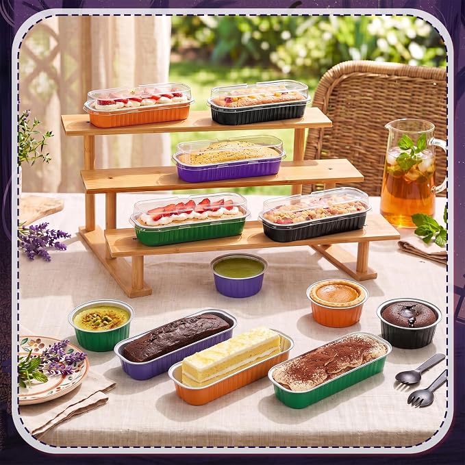 Blushtier 120 Set/240 Pcs Halloween Mini Loaf Pans with Lids and Spoons Halloween Disposable Mini Cake Pans 6.8, 5, 4.2 oz Square Rectangle Round Aluminum Foil Cupcake Baking Cups Dessert Liners Tins