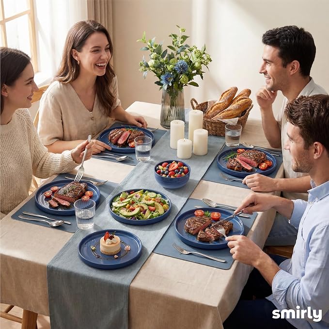 SMIRLY Stoneware Dinnerware Set for 4, 12-Piece Ceramic Plates and Bowls Set, Chip & Scratch Resistant Dish Set, Microwave, Dishwasher & Oven Safe for Everyday Meals, Blue