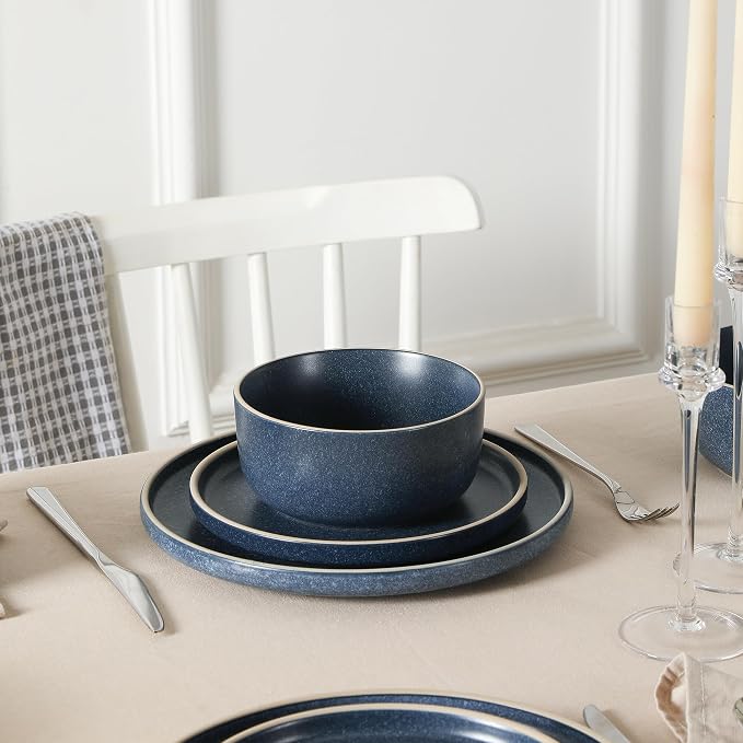 Earth & Clay Amber 24-Piece Dinnerware Set Stoneware, Dishwasher and Microwave Safe Plates and Bowls Set, Dish Set for 8, Blue