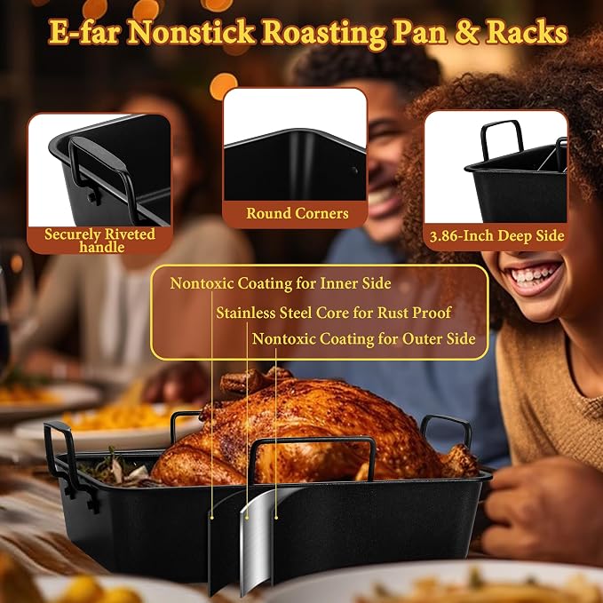 E-far Roasting Pan with Racks, Large Stainless Steel Turkey Roaster with V-Shaped & Cooling Rack for Oven, 16 Inch Nonstick Deep Broiler Pan with Handles for Baking Chicken Lasagna Meat, Heavy Duty